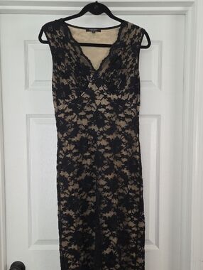 Karen Kane Black Lace Overlay V-Neck Dress with Nude Lining